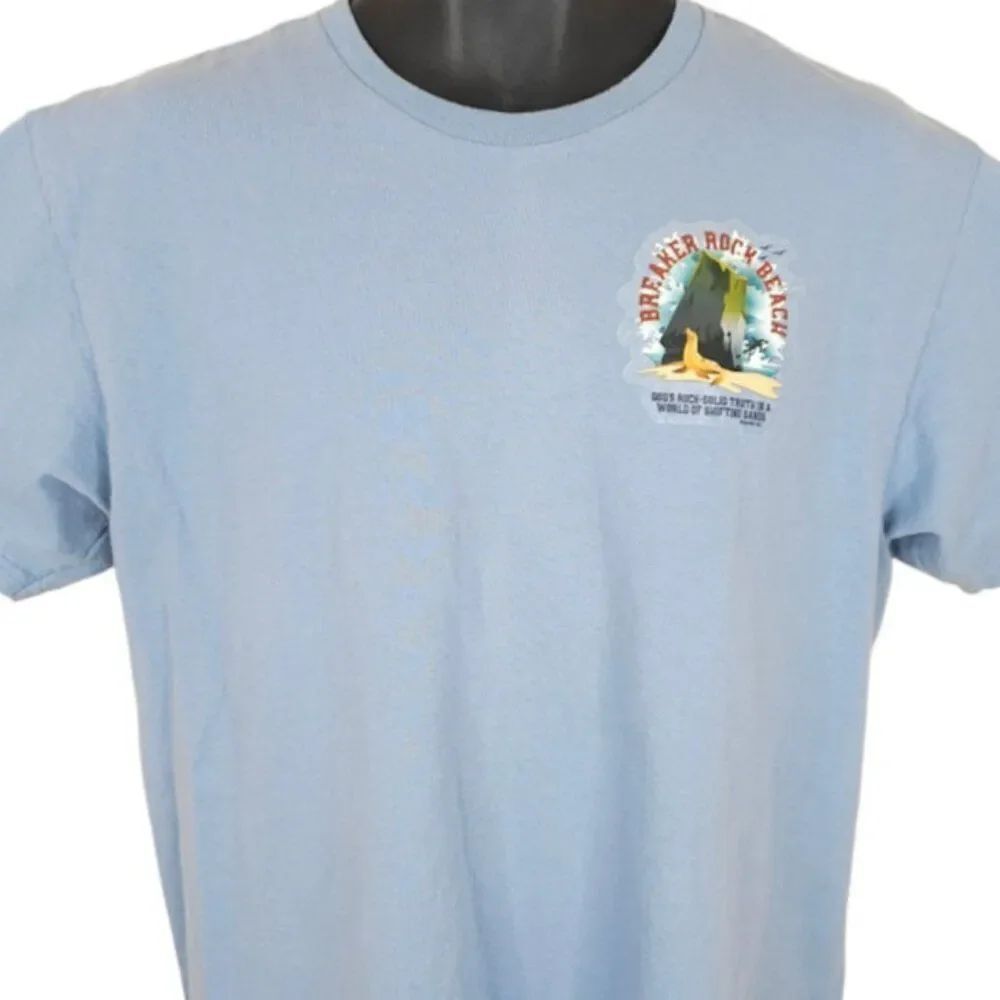 Christian T Shirt Mens Size Large Blue Breaker Rock Beach Vacation Bible School